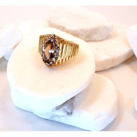 VTG 14KT White Gold Smokey Quartz Natural Diamond Ring Sz 6  7.1 gr - Picture 5 of 8